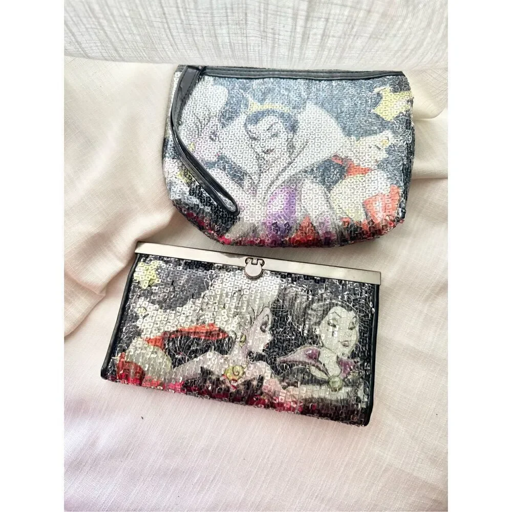 disney art of villains designer sequin makeup bag & wallet